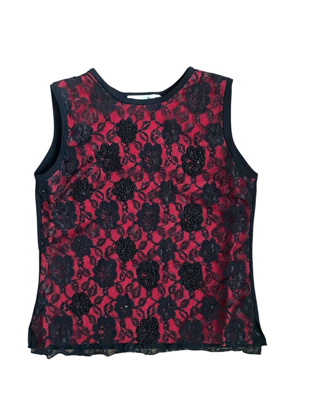 90s Vintage Joseph A. Beaded Red Black Floral Lace Tank Whimsigoth Romantic